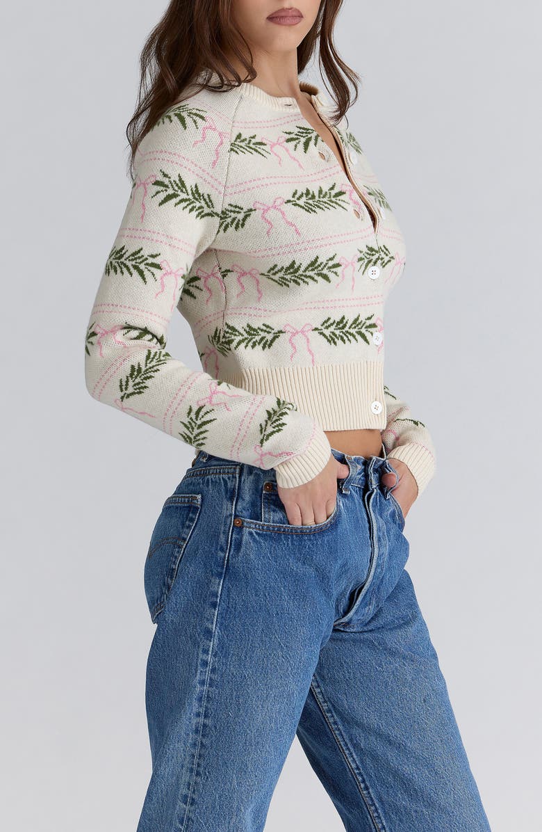 HOUSE OF CB Winter Bow Jacquard Wool Blend Cardigan, Alternate, color, Cream