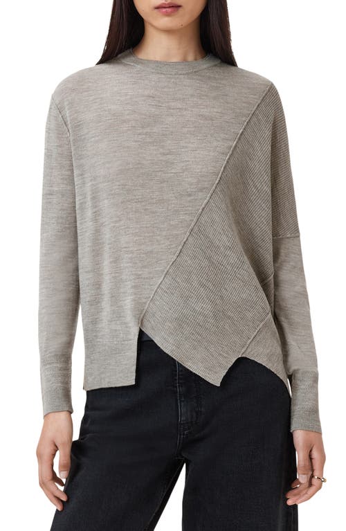 Allsaints Womens Sand Grey Isla Crewneck Asymmetric-hem Merino-wool Jumper In Gray