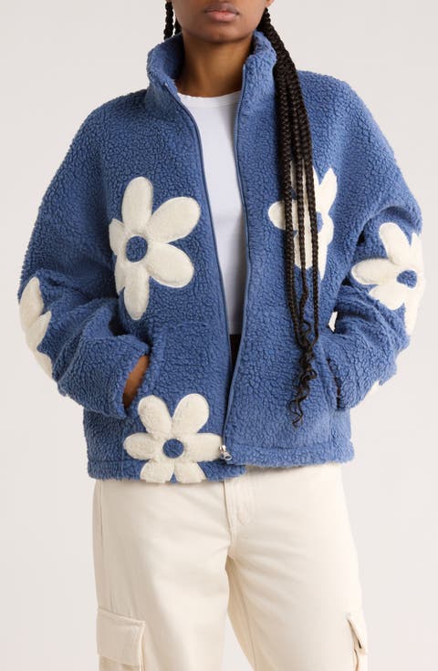 Flower Appliqué Faux Shearling Zip Jacket
