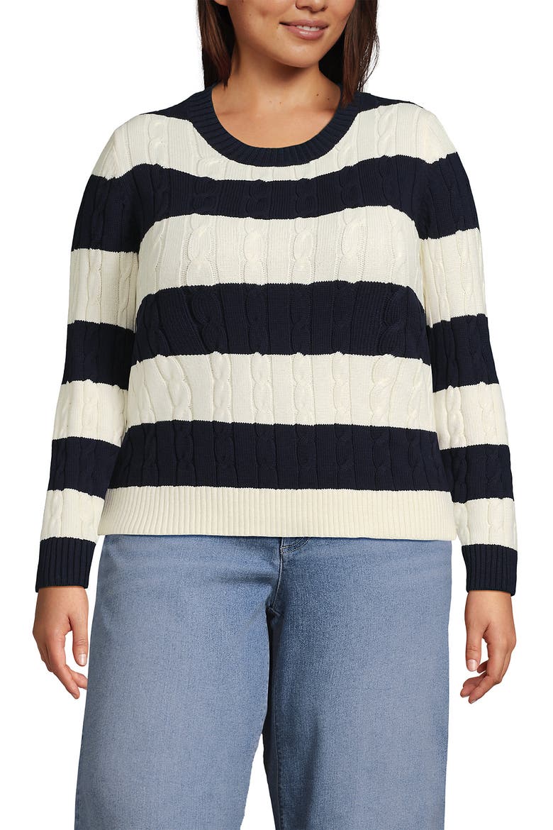 Plus Size Drifter Classic Cable Crew Neck Sweater, Main, color, Navy/Ivory Rugby Stripe