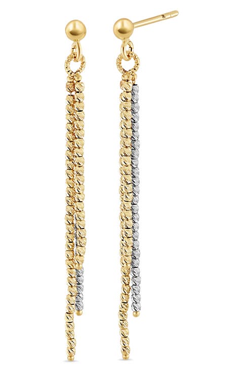 14K Gold Two Tone Beaded Linear Drop Earrings