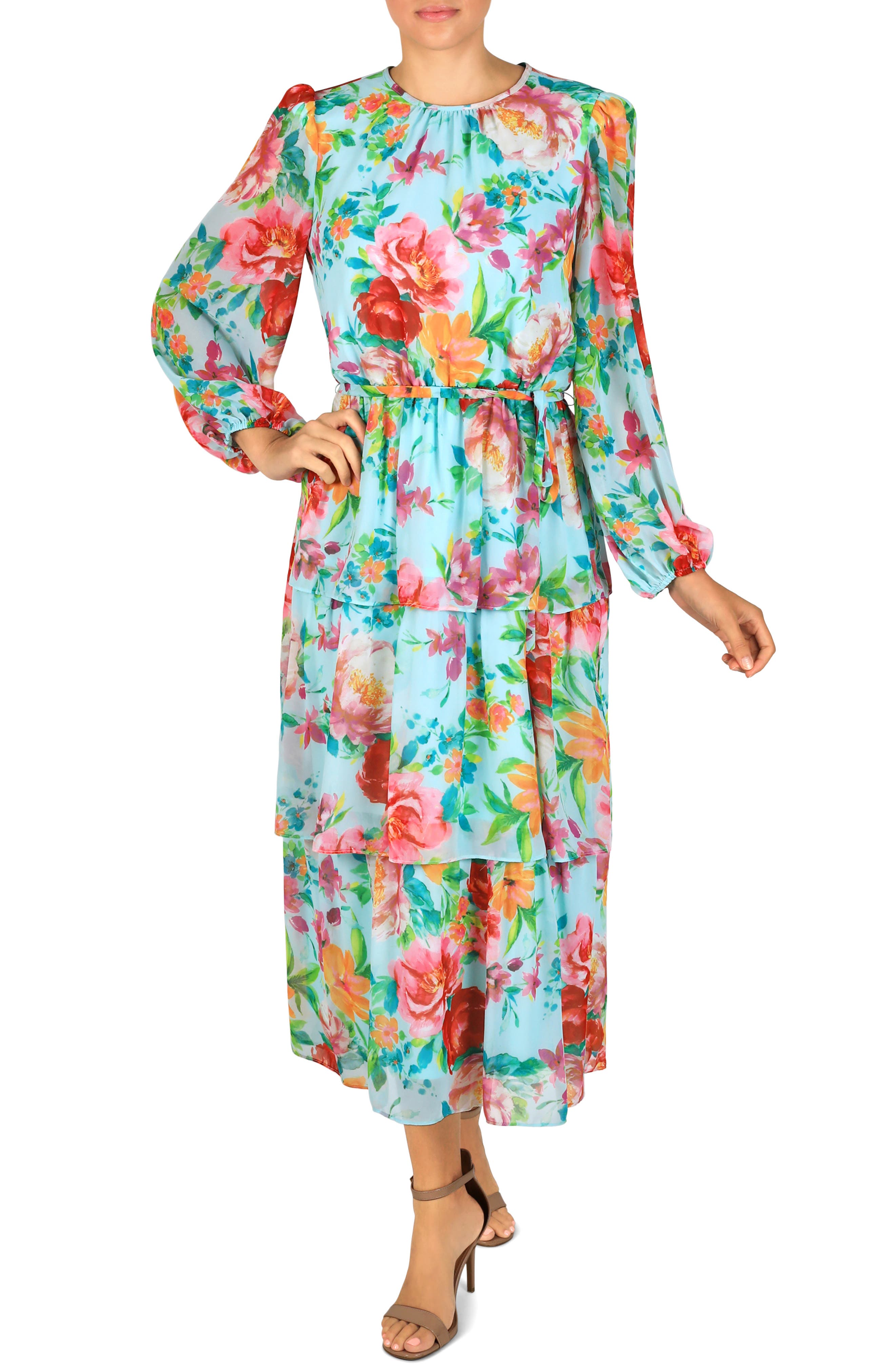 Julia Jordan Tie Waist Tiered Long Sleeve Midi Dress (Women ...