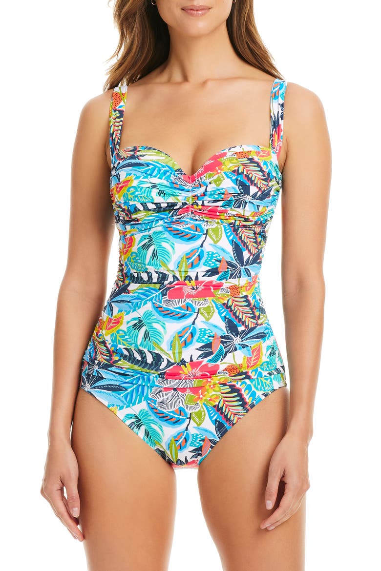 Shirred One-Piece Swimsuit, Main, color, BLUE/ GREEN/ TURQUOISE MULTI