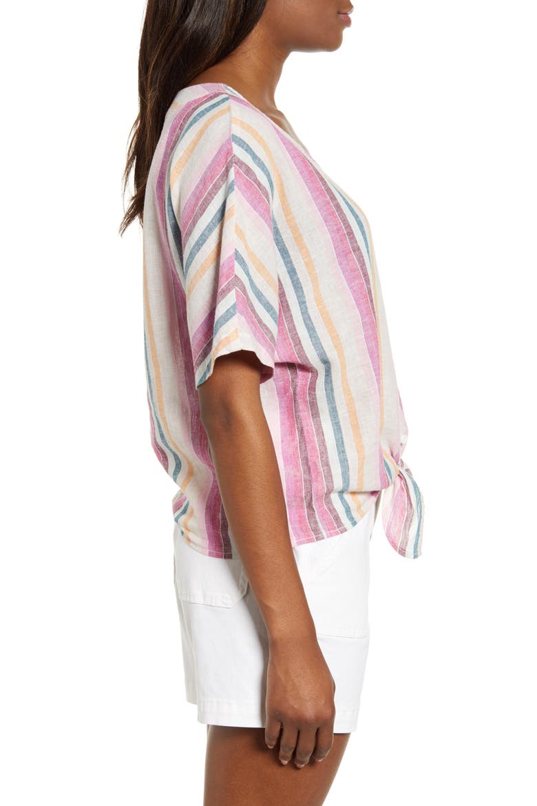 Kelli Stripe Tie Front Linen & Cotton Blouse, Alternate, color, PINK ALE