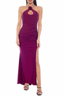 Rosette Halter Neck Ruched Maxi Dress