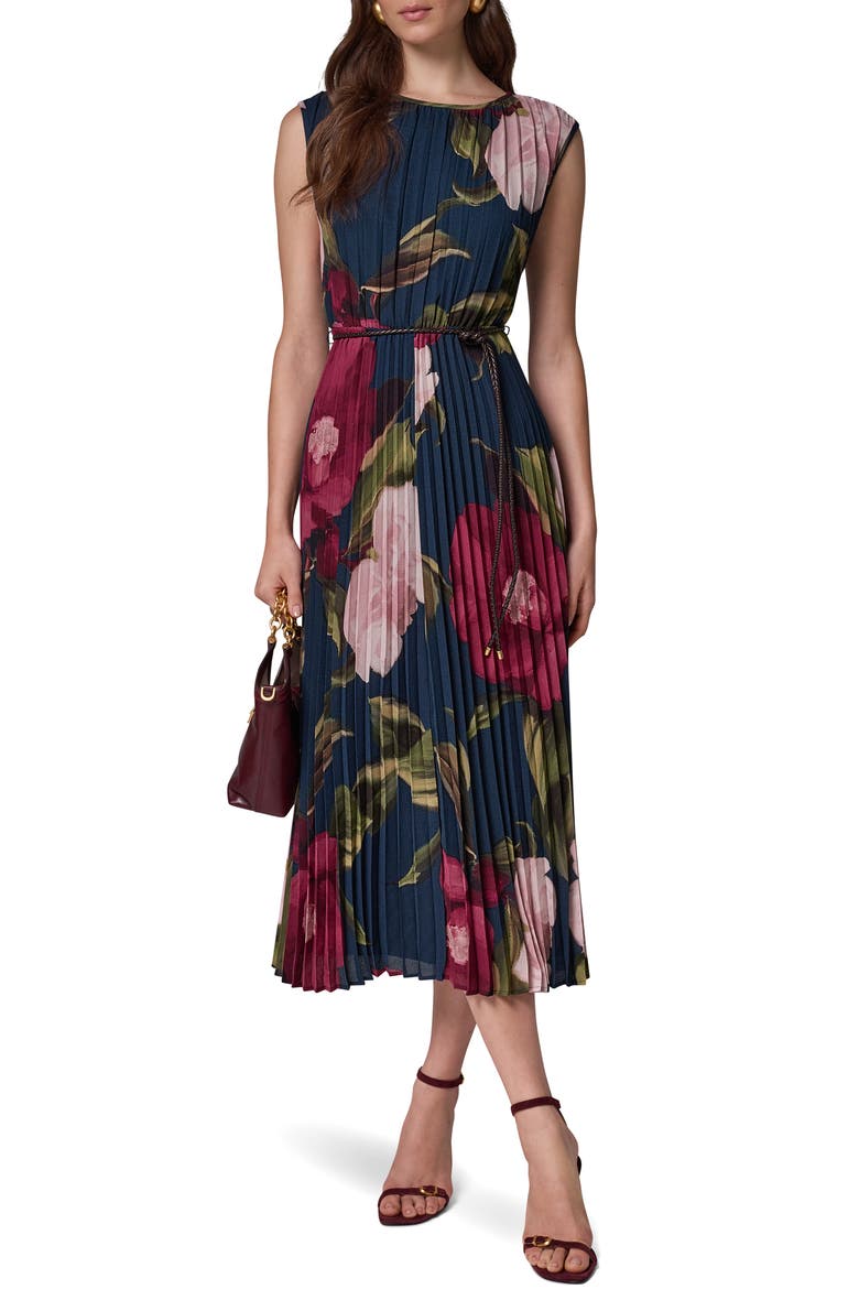 Floral Print Pleated Sleeveless Dress, Alternate, color, NAVY