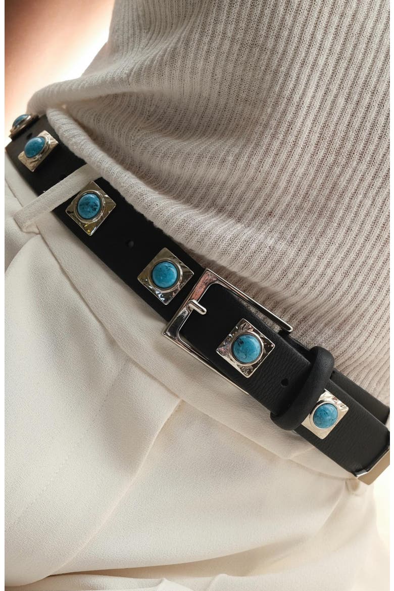 No. 2 Stud Leather Belt, Alternate, color, BLACK SILVER TURQUOISE ENAMEL