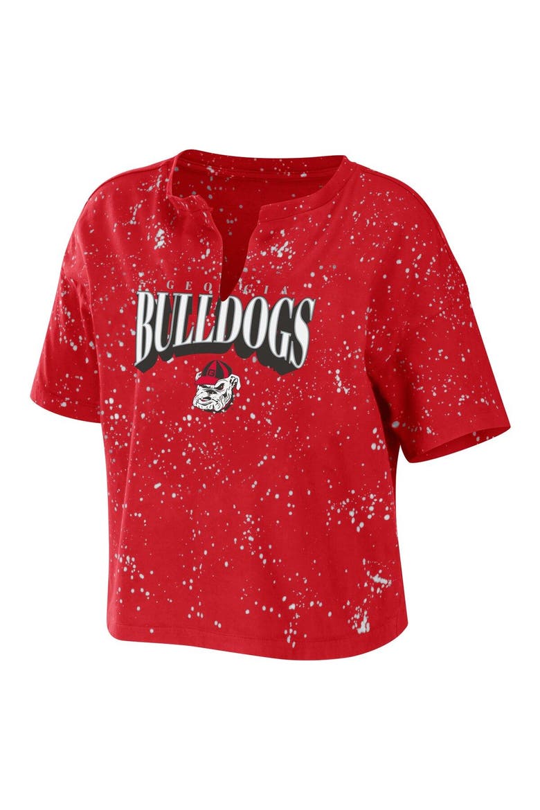 Women's WEAR by Erin Andrews Red Georgia Bulldogs Bleach Wash Splatter Cropped Notch Neck T-Shirt, Alternate, color, Red