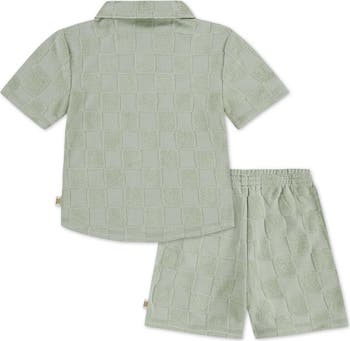 Checkered Terry Short Sleeve Button-Up Shirt & Shorts