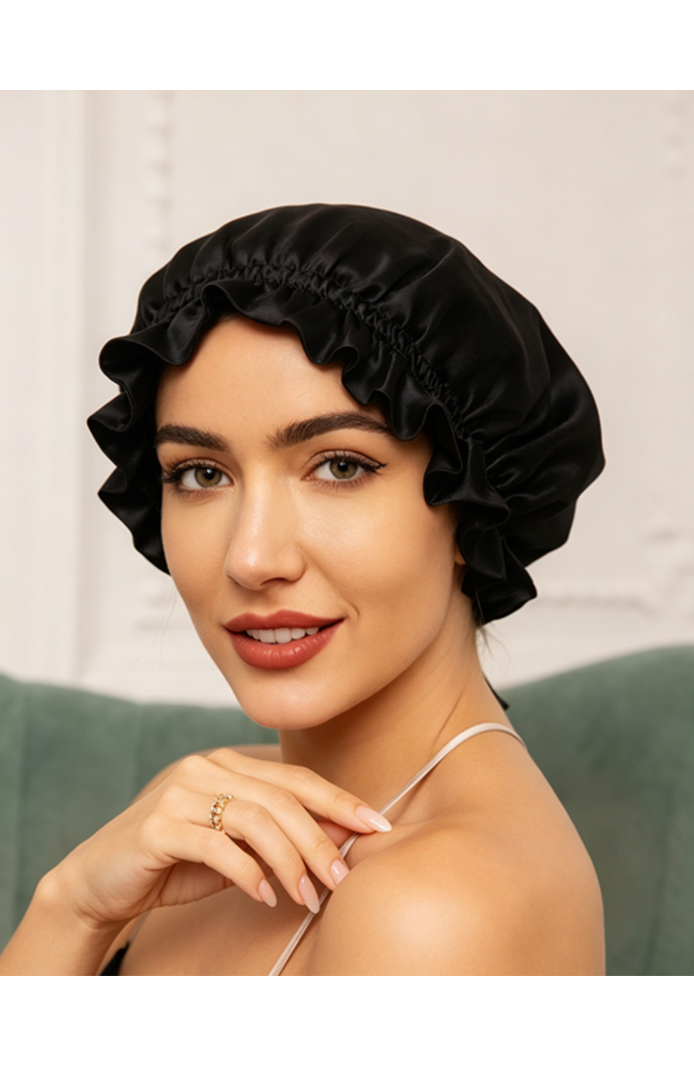 SILKSILKY Pure Silk Double Layer Bonnet with Ribbon, Main, color, Black