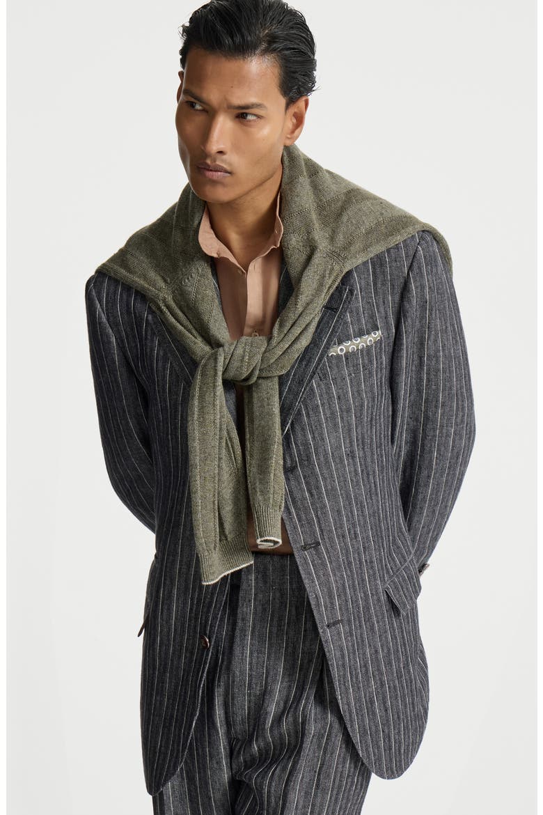 Linen chalk stripe chevron Tailor blazer with metal buttons, Alternate, color, Anthracite