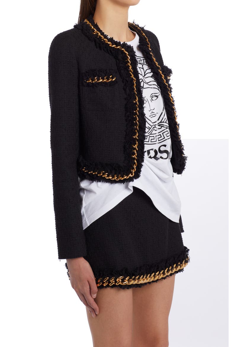 Chain Detail Crop Tweed Jacket, Alternate, color, BLACK