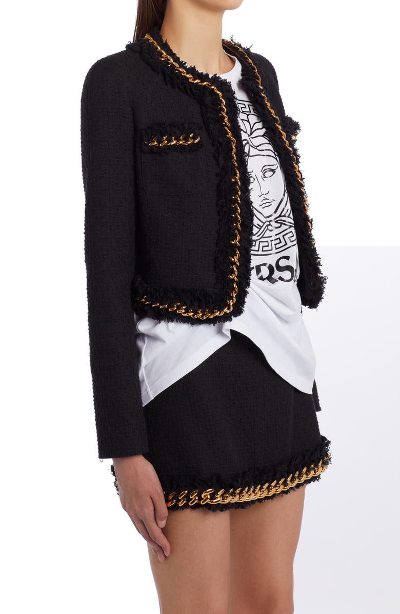 Versace Chain Detail Crop Tweed Jacket, Alternate, color,