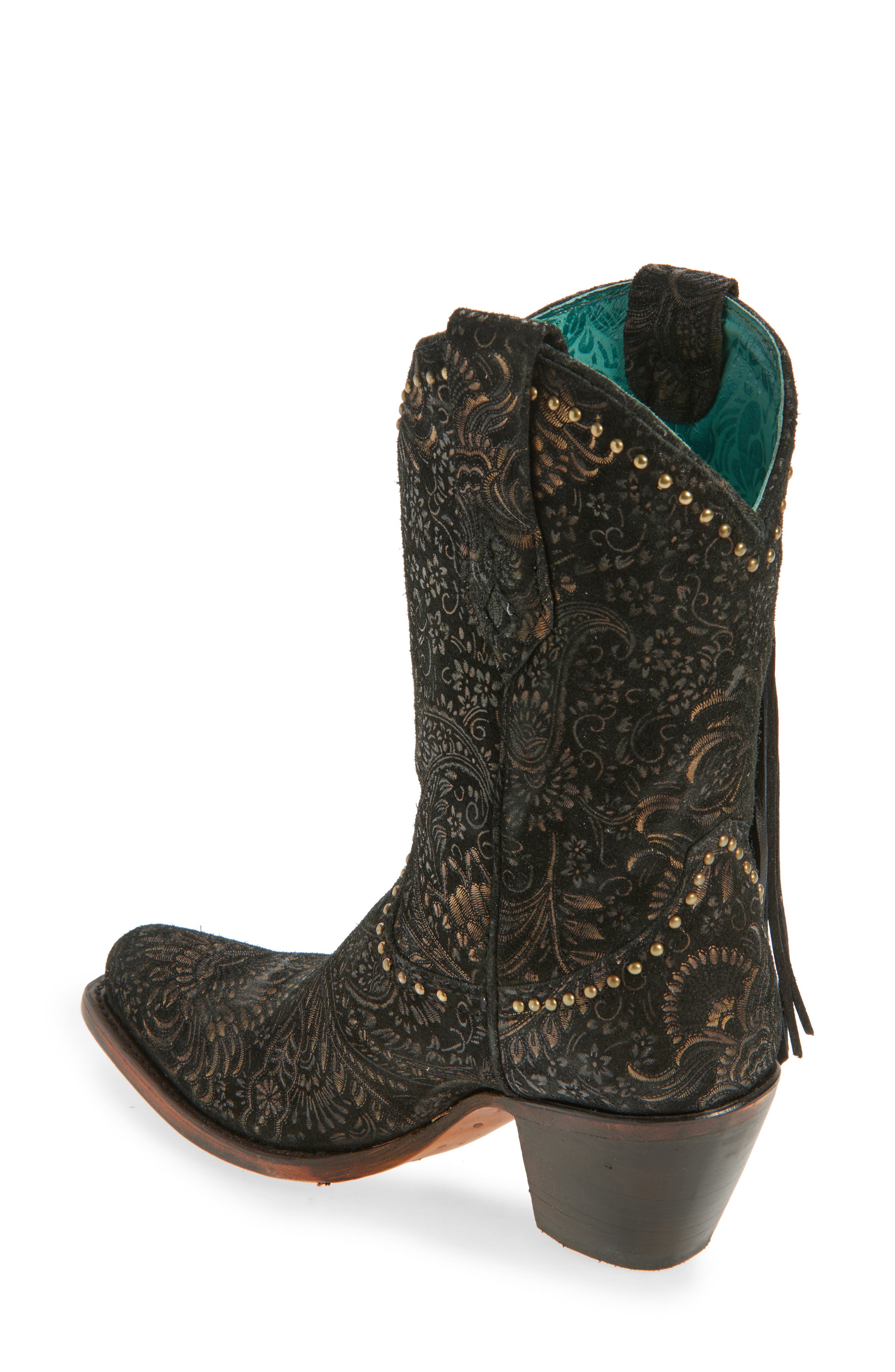 CORRAL Stamped Floral Fringe Western Boot, Alternate, color, Black/ Gold
