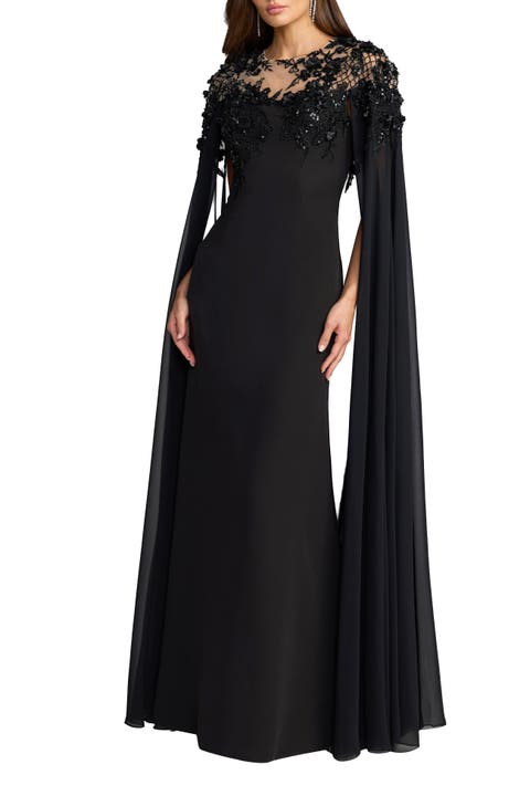Floral Embellished Crepe Gown With Chiffon Cape