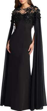 Mac Duggal Floral Embellished Crepe Gown With Chiffon Cape
