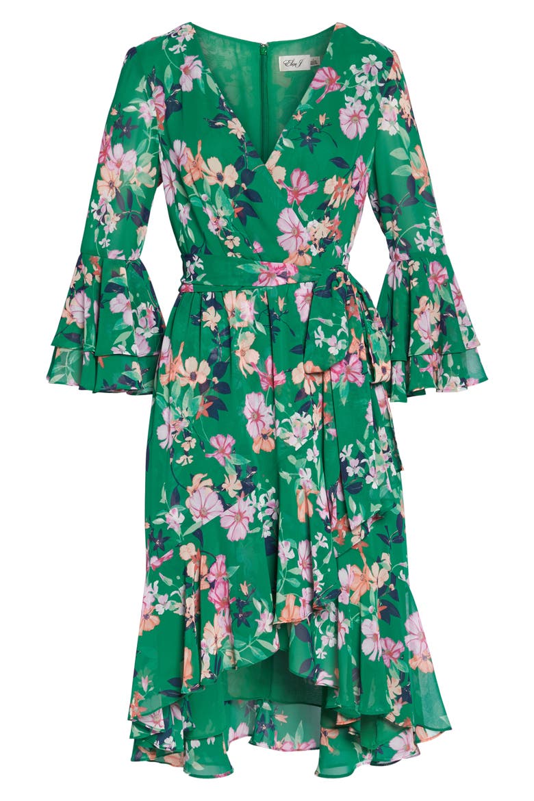 Ruffle Sleeve Floral Faux Wrap Dress, Alternate, color, GREEN