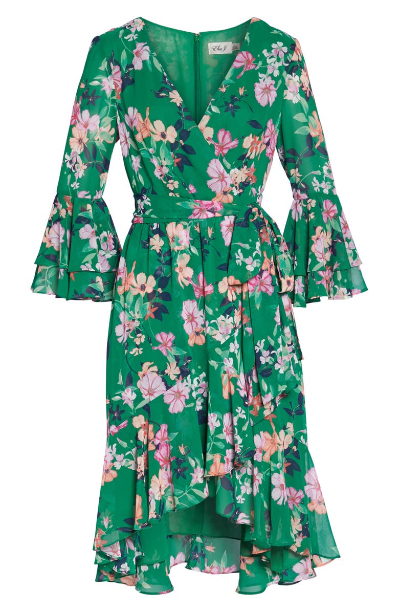 Eliza J Ruffle Sleeve Floral Faux Wrap Dress, Alternate, color,