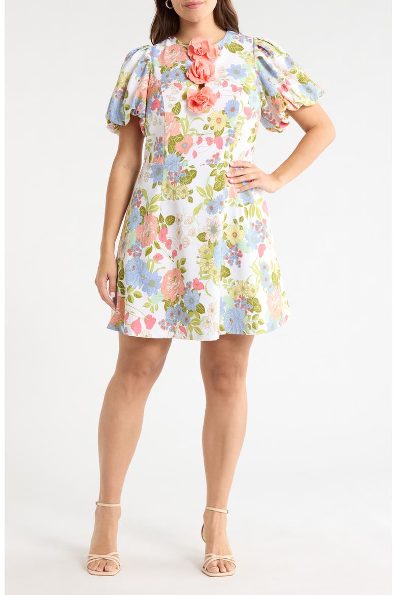 Floral Rosette Puff Sleeve Minidress, Main, color, CREAM-MULTI