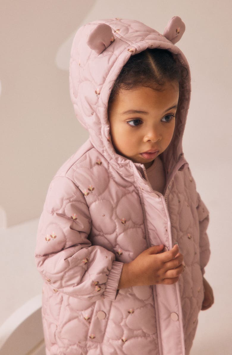 NEXT Kids' Ditsy Heart Quilted Hooded Jacket, Alternate, color, Purple