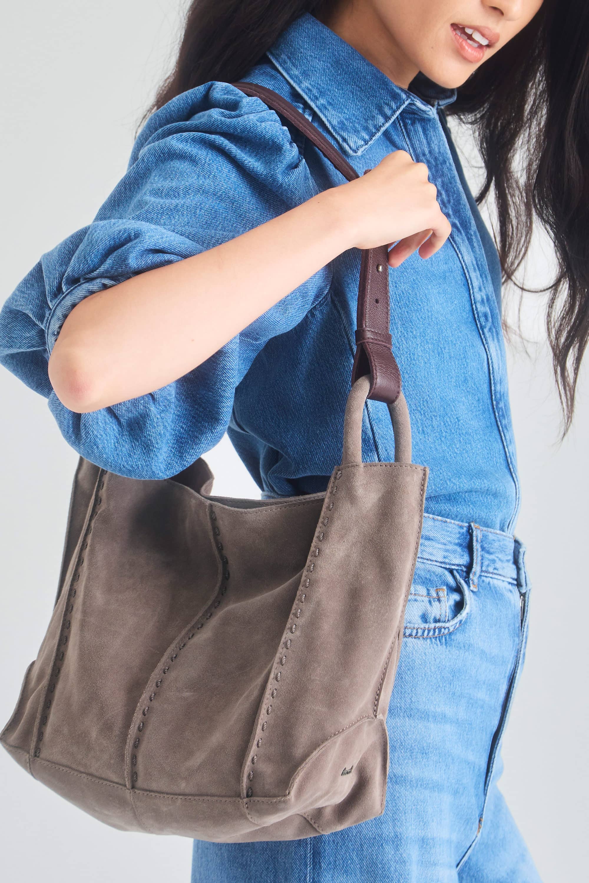 Los Feliz Medium Tote Leather Bag, Alternate, color, Mushroom Suede