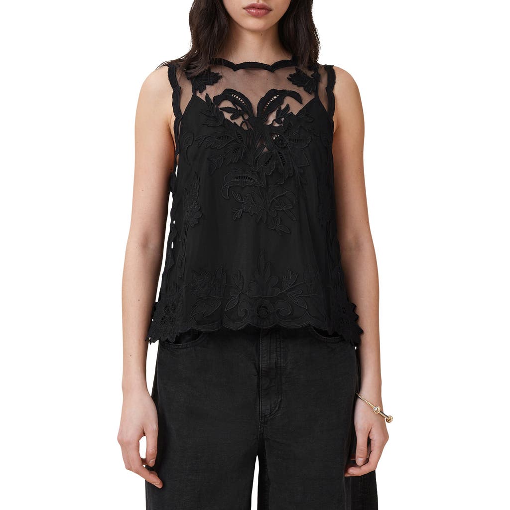 Allsaints Womens Black Rye Regular-fit Embroidered Sleeveless Woven Top In Black