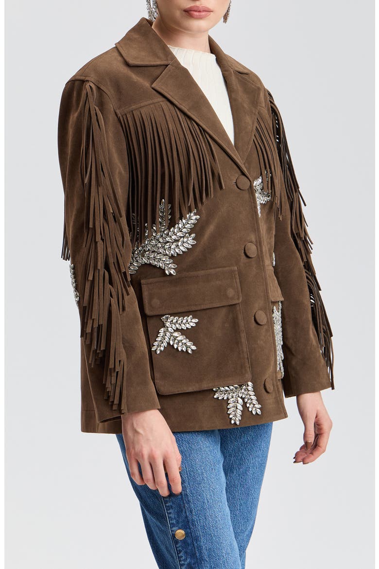 Rhinestone Appliqué Faux Suede Fringe Oversized Jacket, Alternate, color, CHOCOLATE