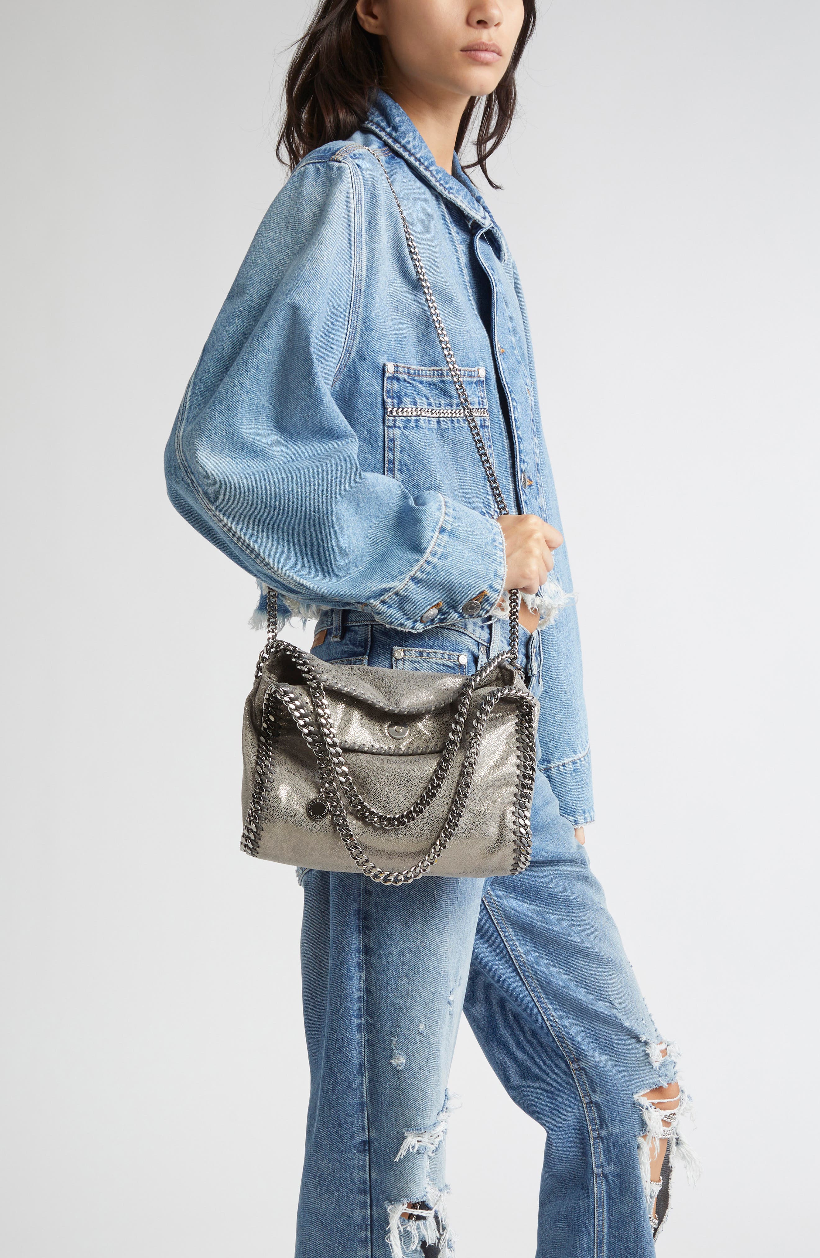 Stella McCartney Mini Falabella Metallic Faux Leather Tote, Alternate, color, Steel Grey