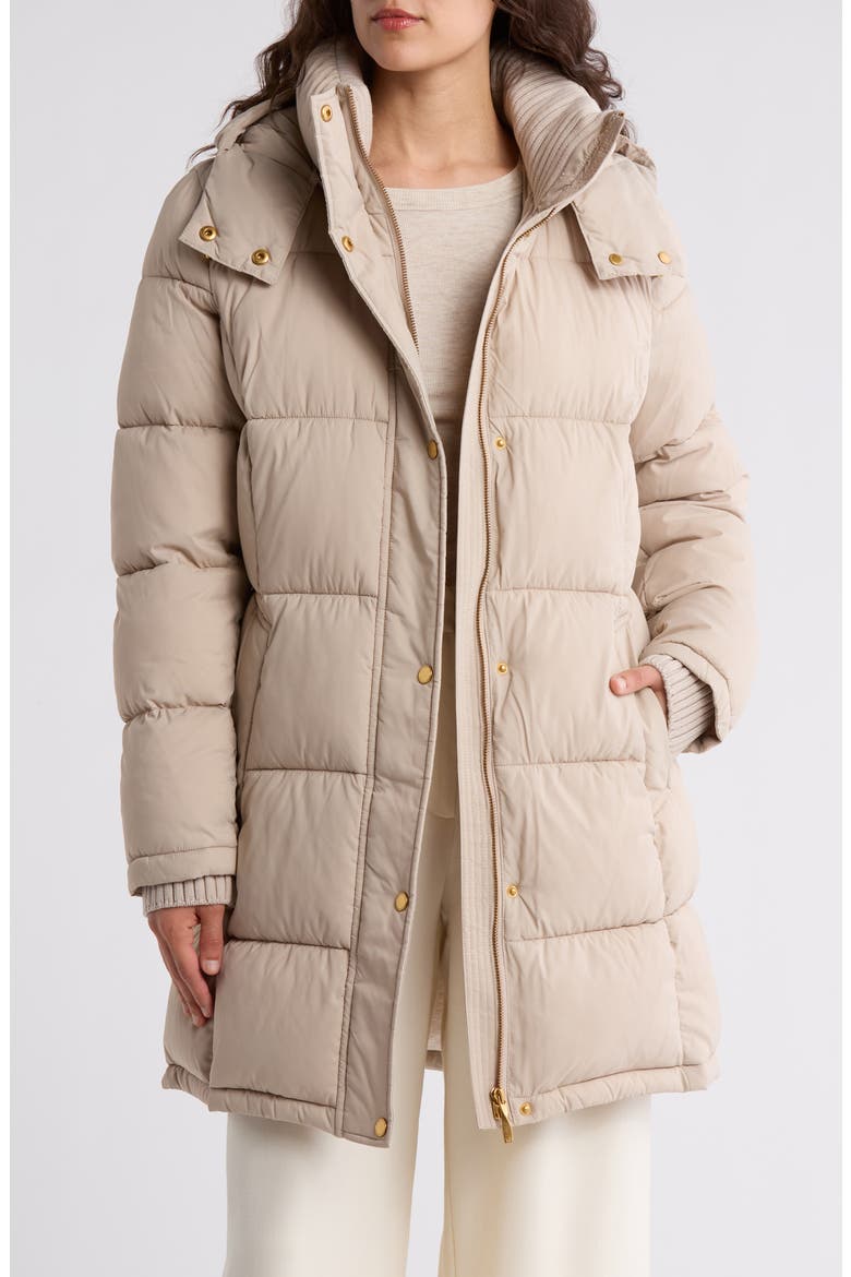 Hooded Ribbed Trim Puffer Jacket, Alternate, color, DARK TAUPE