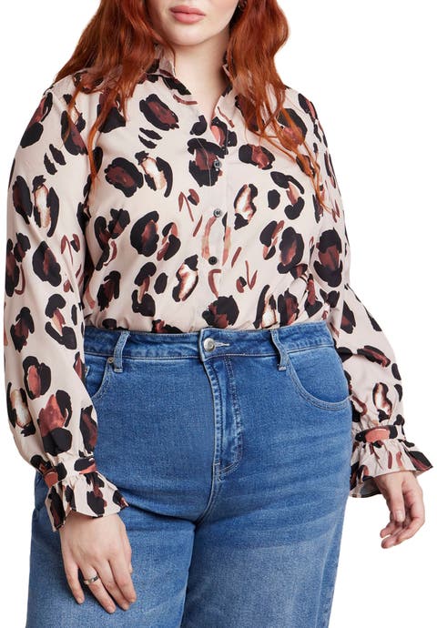 Printed Button Down Shirt With Ruffle Neck (Plus)