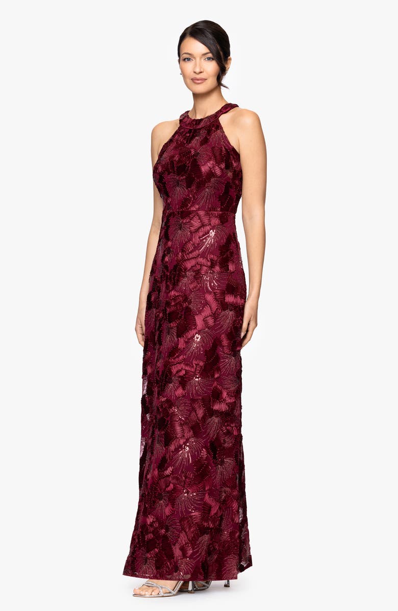 Betsy & Adam Sequin Soutache Sheath Gown, Alternate, color, Burgundy