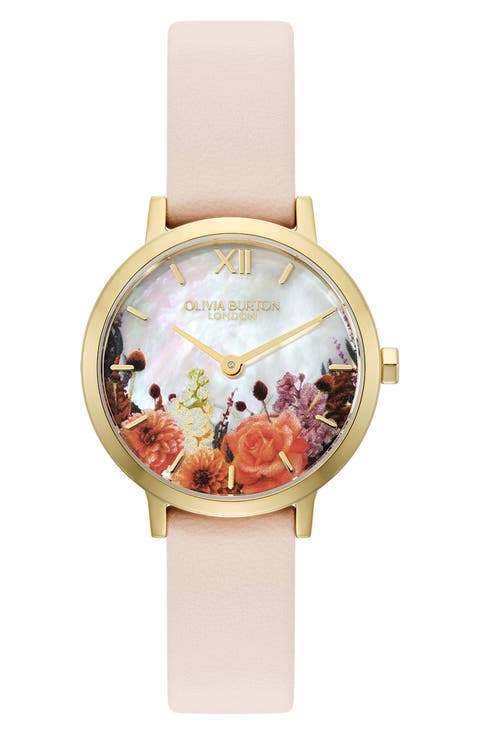 Autumn Floral Leather Strap Watch, 28mm