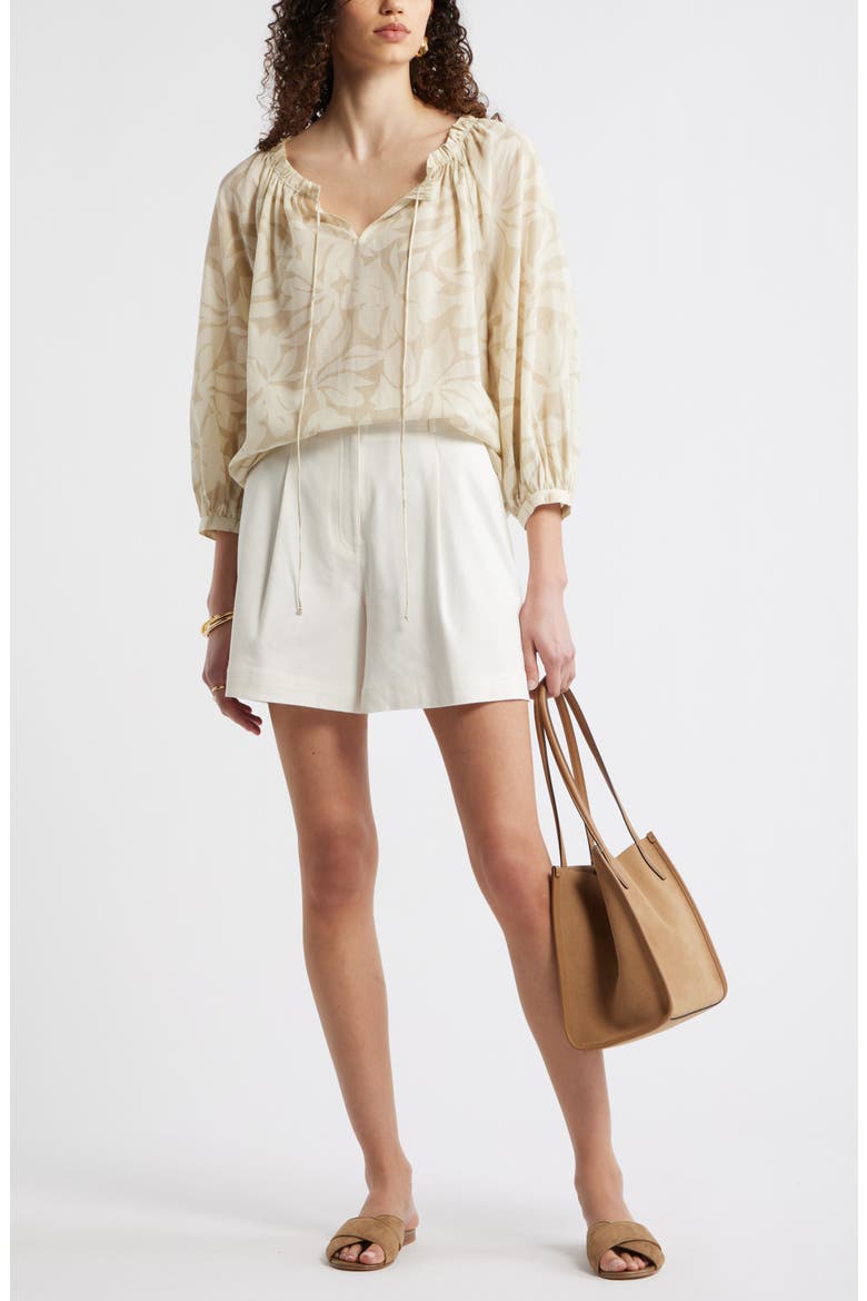 Ruffle Neck Tie Front Top, Alternate, color, IVORY- BEIGE FIRA BLOOM