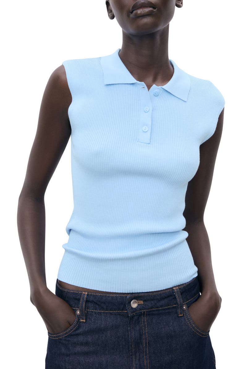 MANGO Sleeveless Cotton Blend Rib Polo, Main, color, Sky Blue