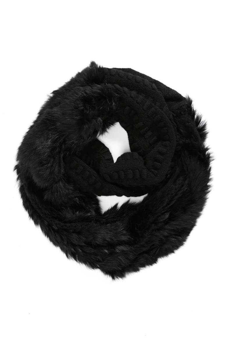 'Delila' Genuine Rabbit Fur Trim Infinity Scarf, Main, color, BLACK