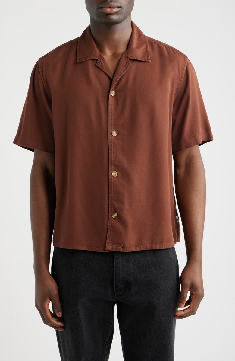Wax London Curzon Solid Twill Camp Shirt, Main, color, Brown
