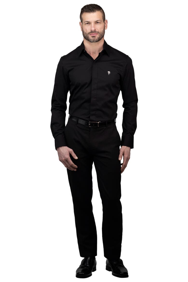 Trim Fit Solid Cotton Dress Shirt, Alternate, color, BLACK