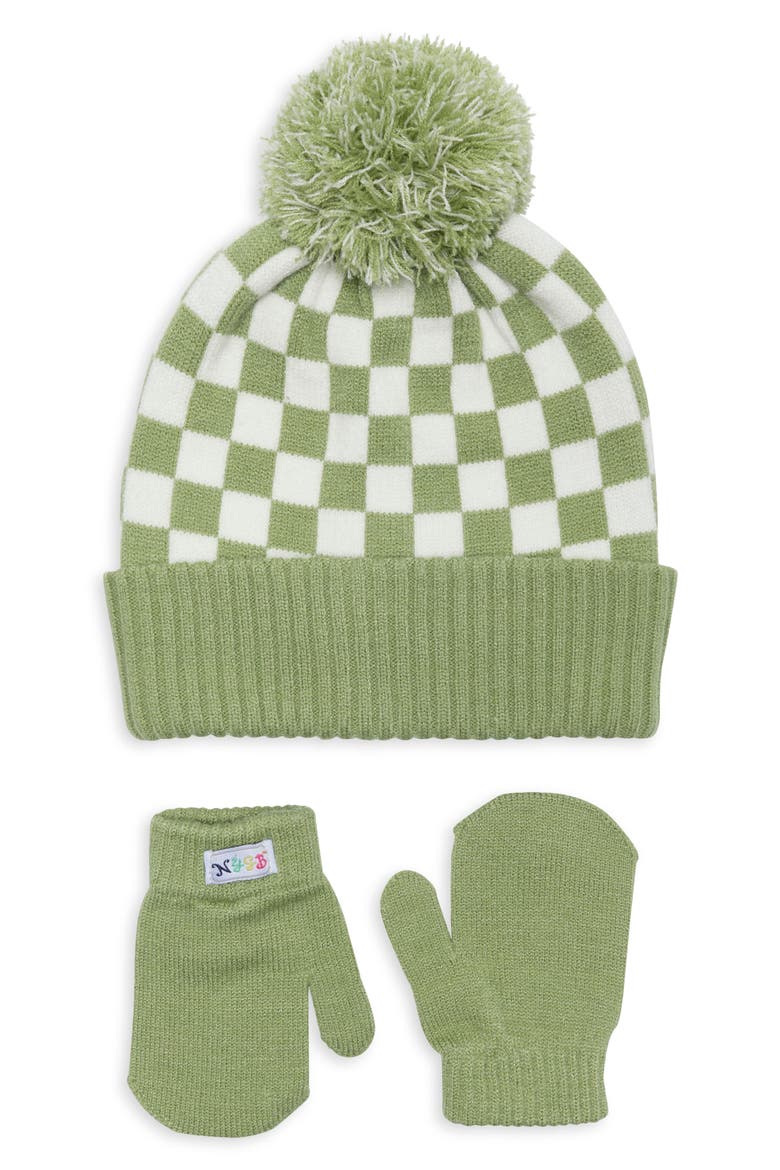 Check Hat & Mittens Set, Main, color, LAUREL GREEN