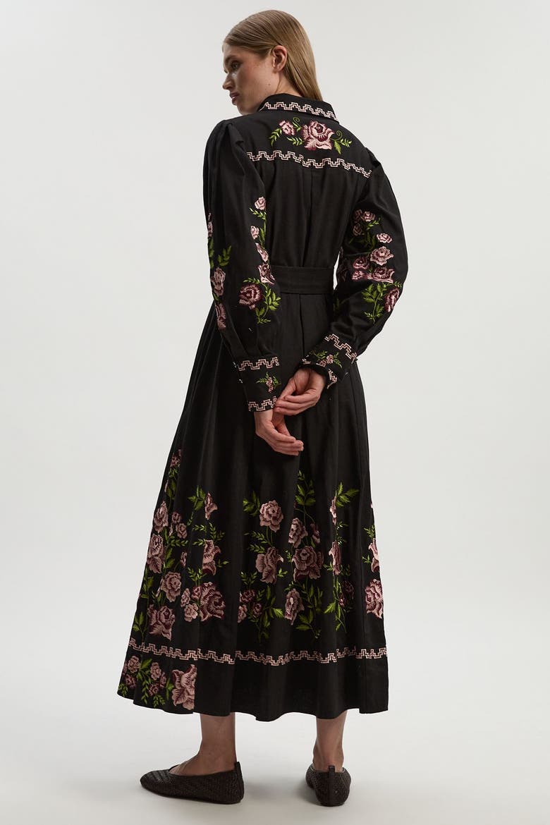 Rose Embroidered Cotton Shirt Dress, Alternate, color, Black