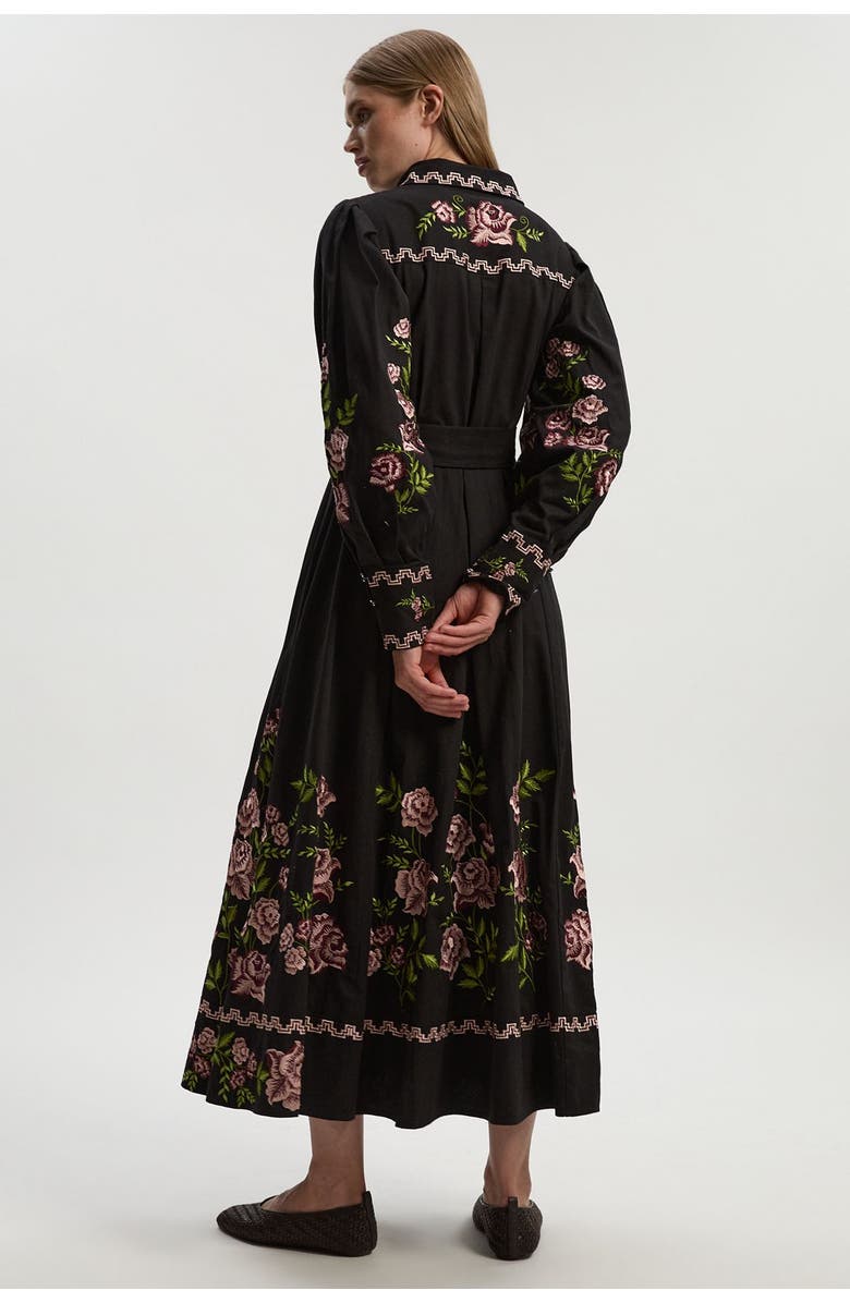 Karen Millen Rose Embroidered Cotton Shirt Dress, Alternate, color, Black