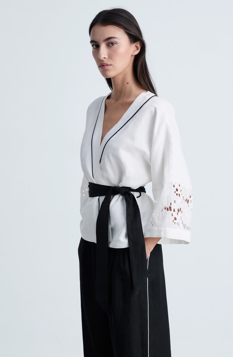 MANGO Contrast Piped Wide Leg Linen Pants, Alternate, color, Black