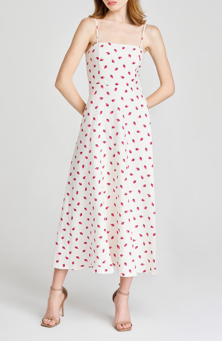 WAYF Josefina Strawberry Print Linen Blend Dress, Main, color, Ivory Strawberry