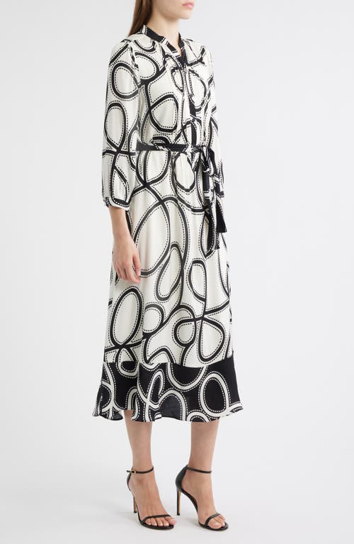 Elie Tahari The Mila Dotted Scroll Print Long Sleeve Silk Blend Midi Shirtdress In White