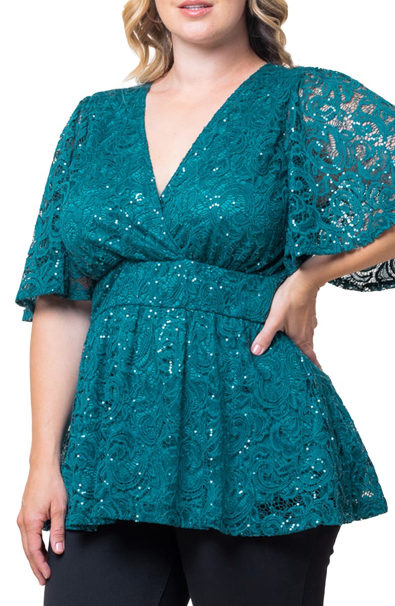 Kiyonna Stardust Sequin Lace Peplum Top, Alternate, color, Teal Topaz