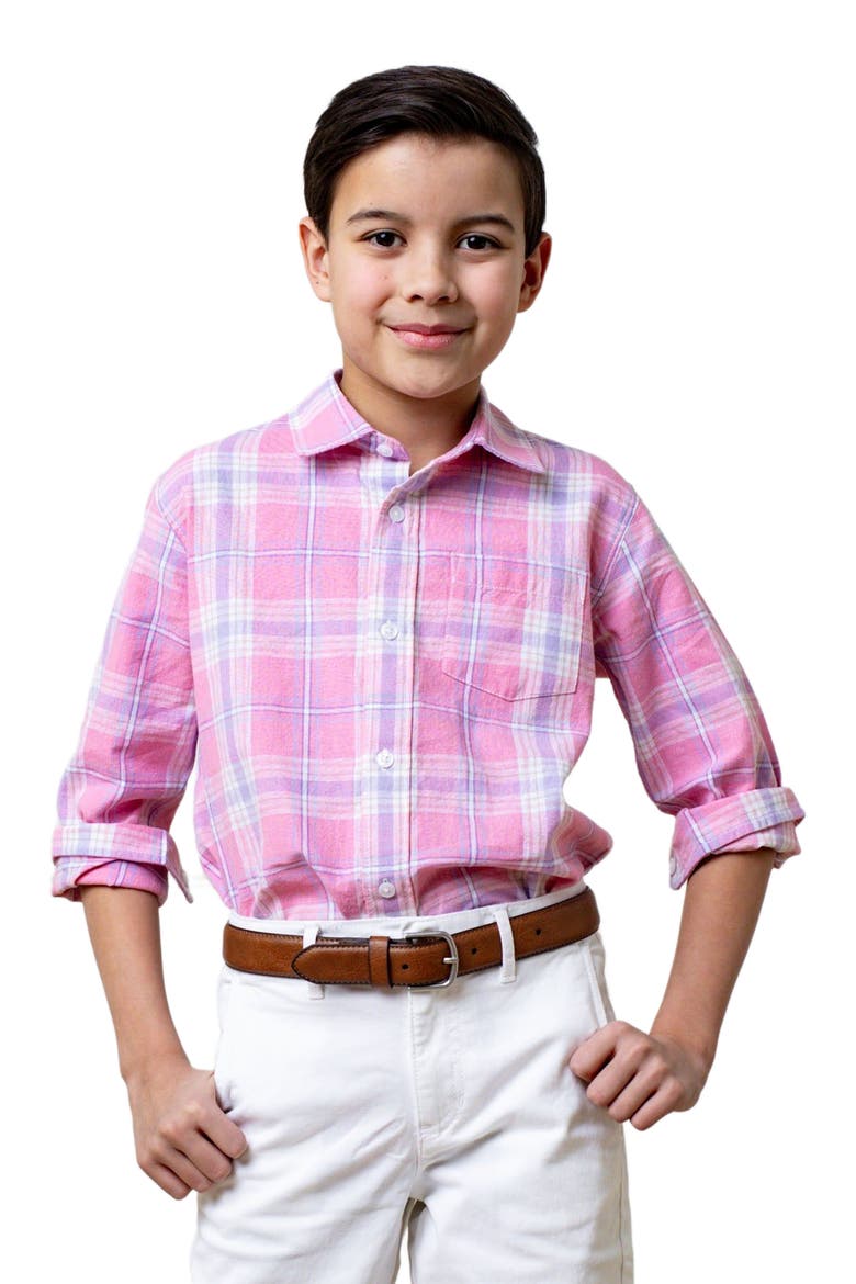 Boys' Long Sleeve Linen Button Down Shirt, Kids, Main, color, Tea Room Pink Plaid