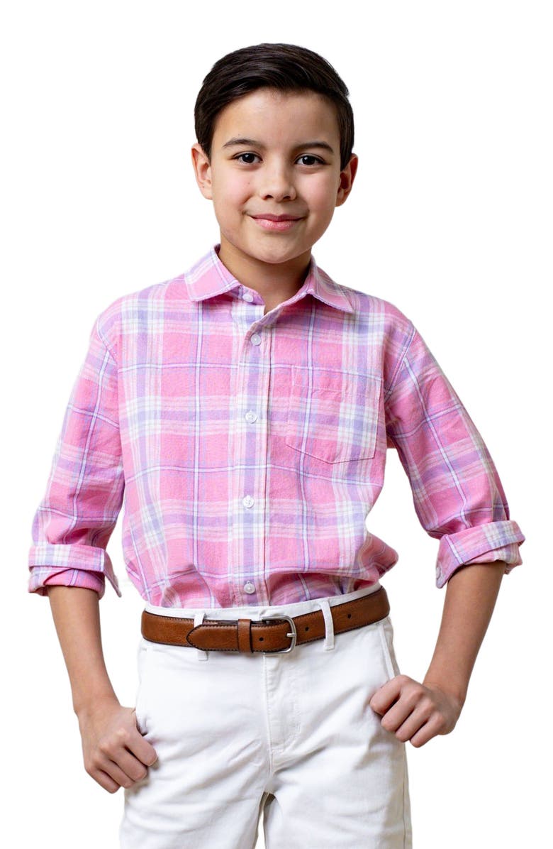 Hope & Henry Boys' Long Sleeve Linen Button Down Shirt, Kids, Main, color, Tea Room Pink Plaid