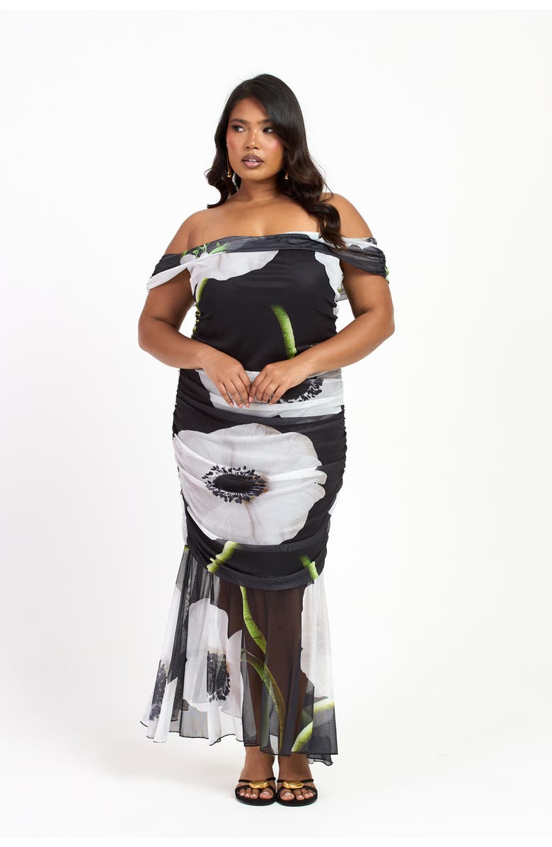 FASHION-SZN CURVE Plus Size Bold Floral Ruched Midi Dress, Alternate, color, Black