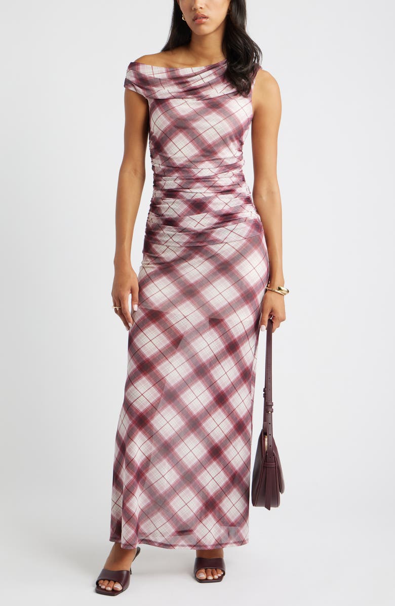 Open Edit One-Shoulder Mesh Maxi Dress, Alternate, color, Ivory- Red Reese Plaid