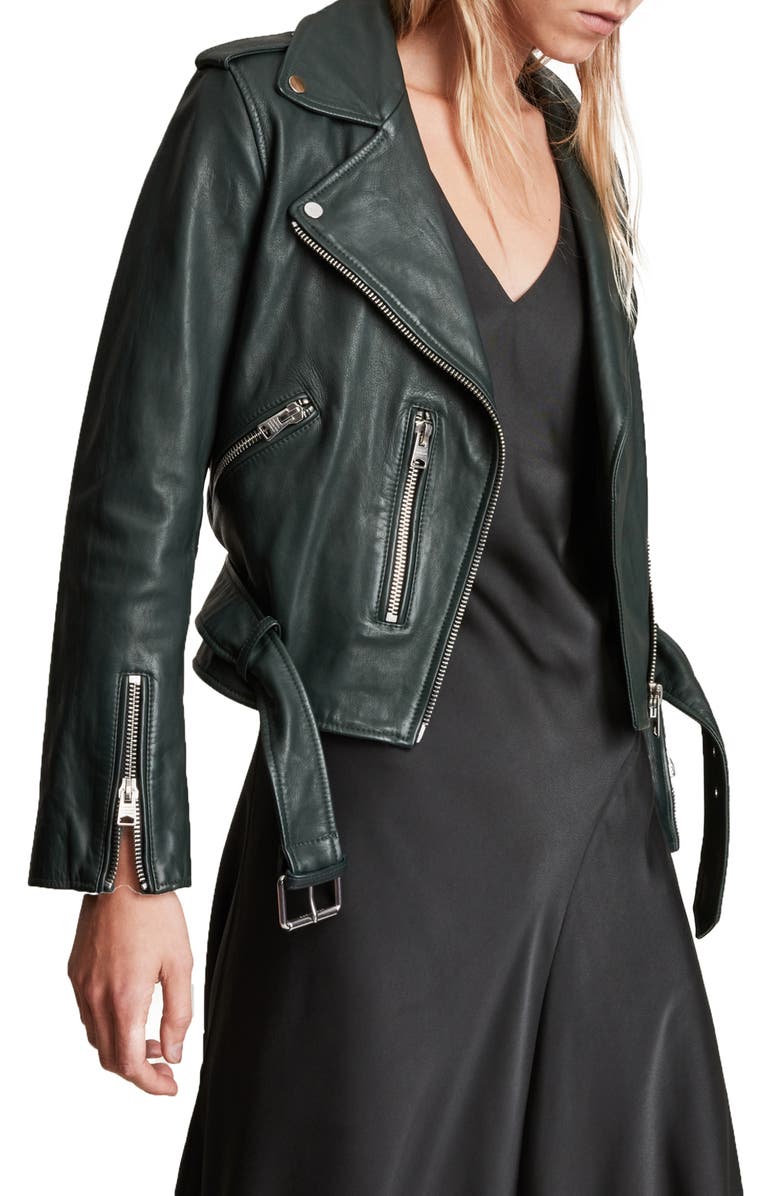 AllSaints Balfern Leather Biker Jacket, Alternate, color, Green Skies