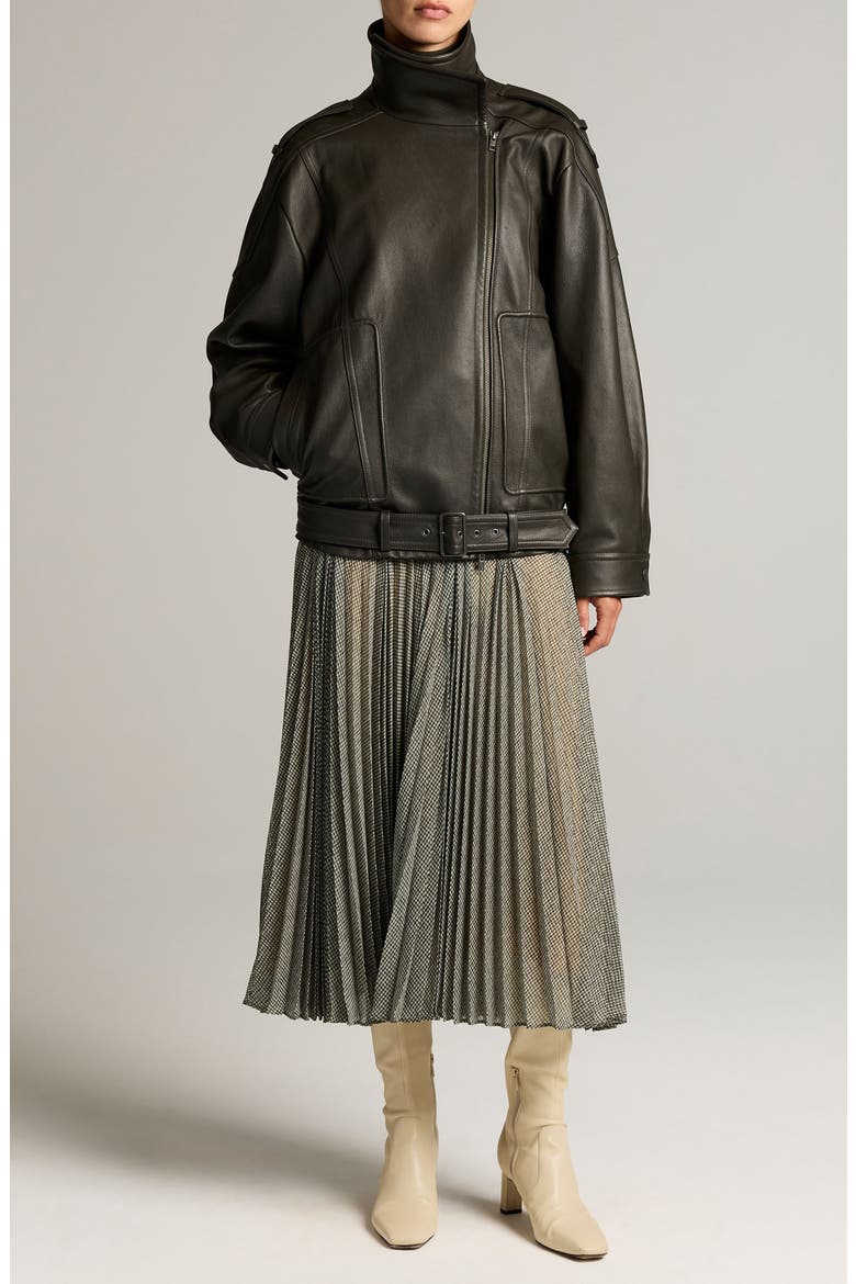 Oversize Leather Biker Jacket, Alternate, color, DEEP FOREST